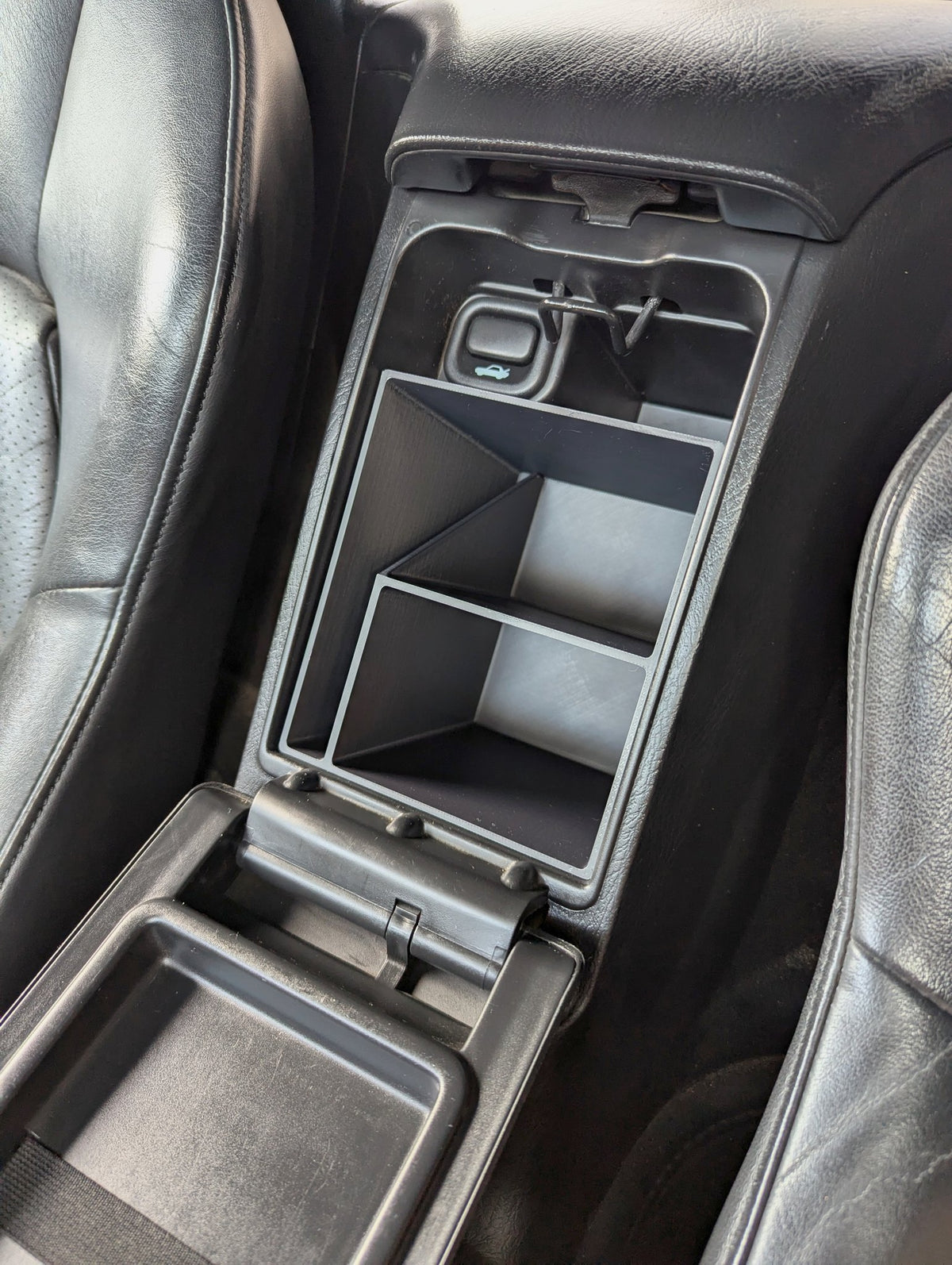 Honda S2000 Glove Box Organizer Document Slot in Black in the S2000 center console, 3D printed ASA