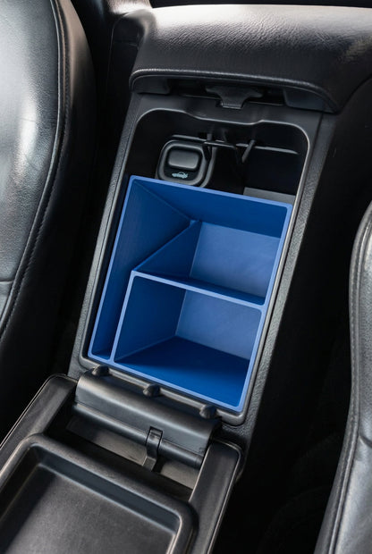 Honda S2000 Glove Box Organizer Document Slot in Blue in the S2000 center console, 3D printed ASA