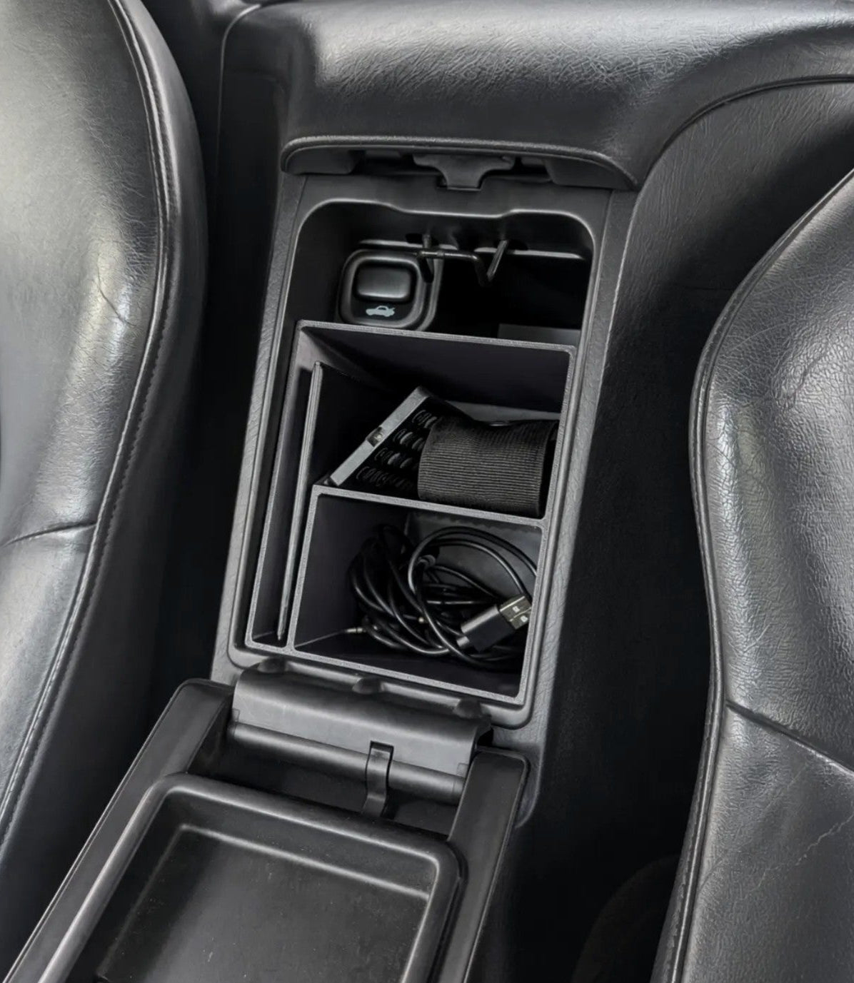 Honda S2000 Glove Box Organizer Document Slot in the S2000 center console holding a pouch and cables, 3D printed ASA