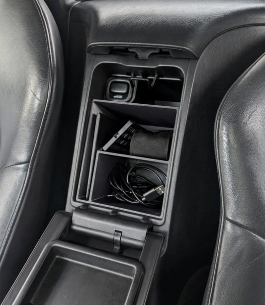 Honda S2000 Glove Box Organizer Document Slot in the S2000 center console holding a pouch and cables, 3D printed ASA