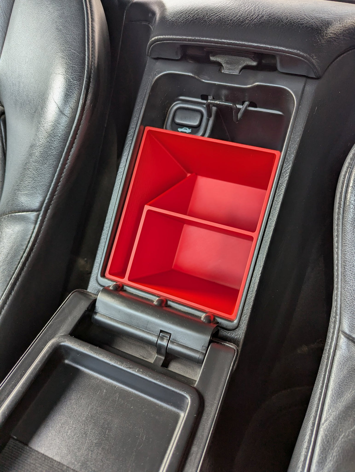 Honda S2000 Glove Box Organizer Document Slot in Red in the S2000 center console, 3D printed ASA