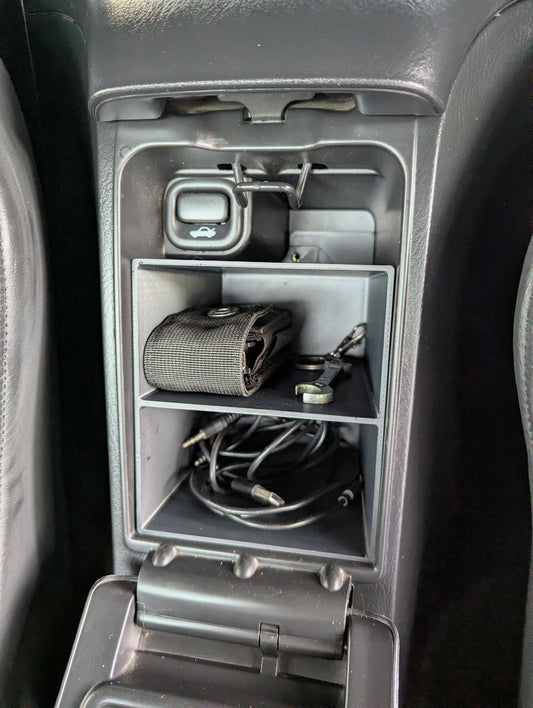 Honda S2000 Glove Box Organizer Two Slot in the S2000 center console holding a pouch, wrench and cables, 3D printed ASA